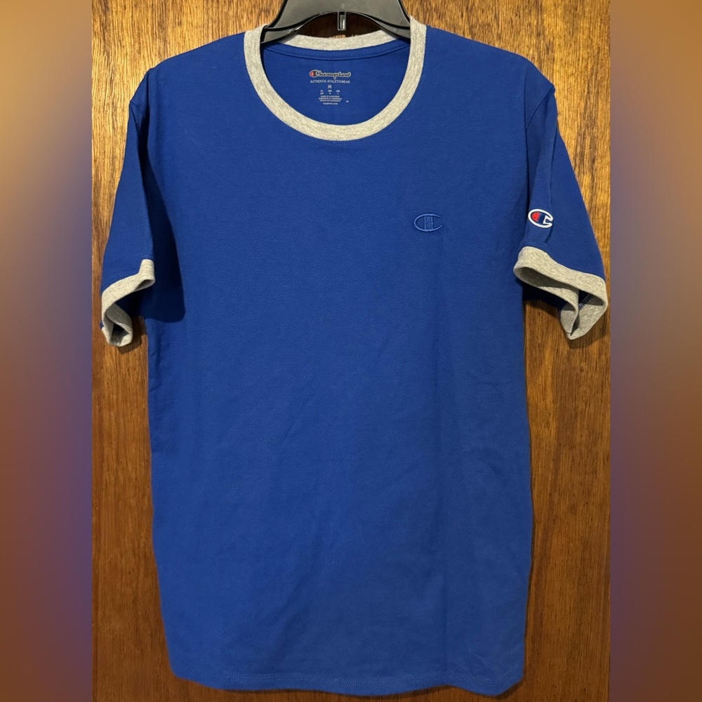Champion Men's Blue and Gray Ringer Tee Size Medium